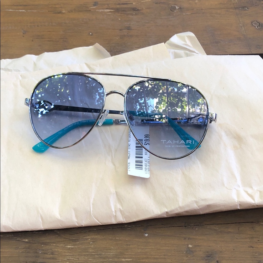 Tahari Silver Aviator Sunglasses with Teal Temples